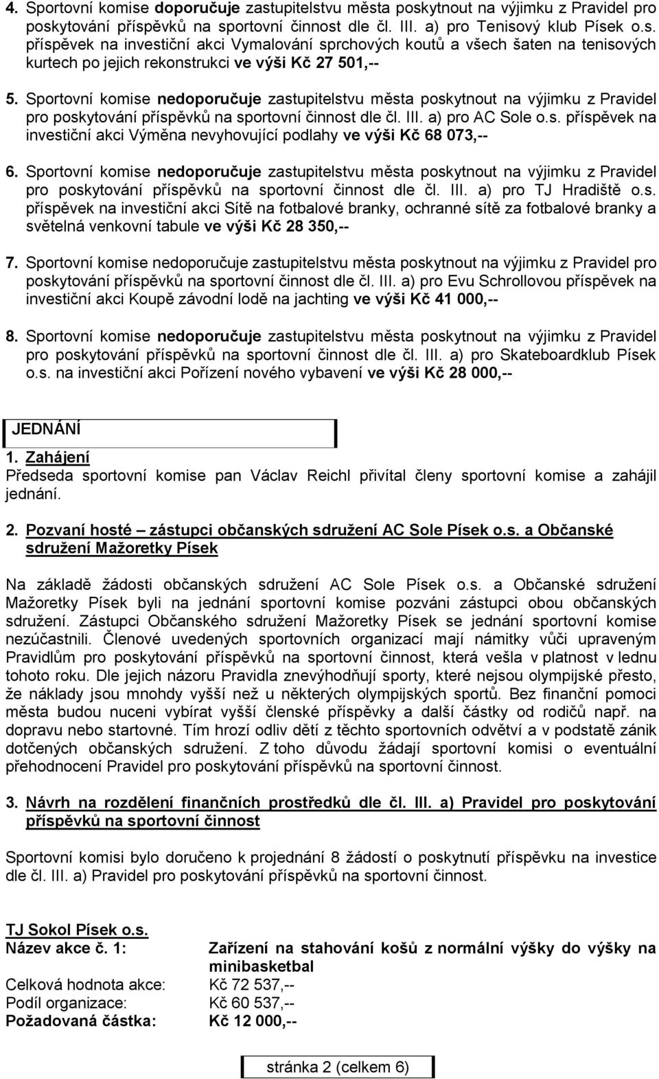 Sportovní komise nedoporučuje zastupitelstvu města poskytnout na výjimku z Pravidel pro poskytování příspěvků na sportovní činnost dle čl. III. a) pro TJ Hradiště o.s. příspěvek na investiční akci Sítě na fotbalové branky, ochranné sítě za fotbalové branky a světelná venkovní tabule ve výši Kč 28 350,-- 7.