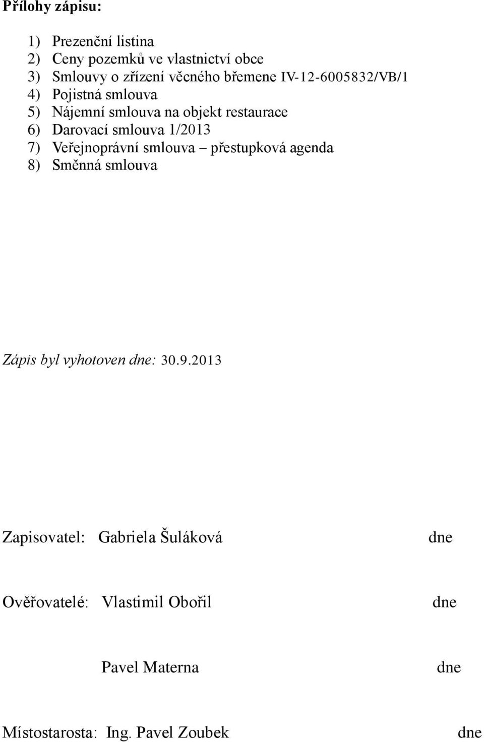 smlouva 1/2013 7) Veřejnoprávní smlouva přestupková agenda 8) Směnná smlouva Zápis byl vyhotoven : 30.9.