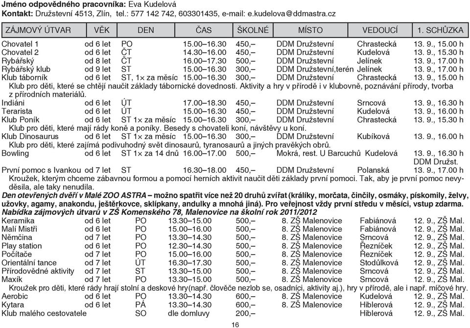 00 h Rybářský klub od 9 let ST 15.00 16.30 300, DDM Družstevní,terén Jelínek 13. 9., 17.00 h Klub táborník od 6 let ST, 1 za měsíc 15.00 16.30 300, DDM Družstevní Chrastecká 13. 9., 15.
