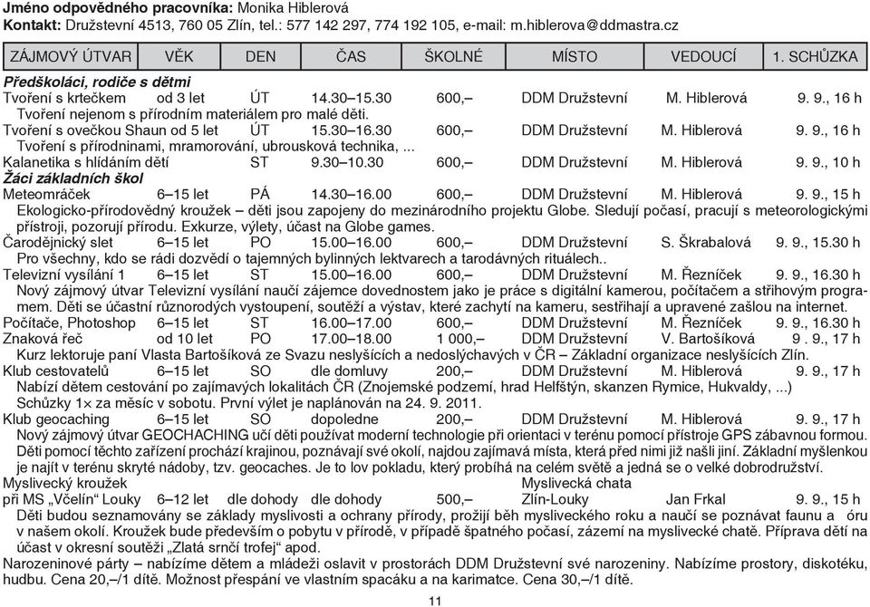 Tvoření s ovečkou Shaun od 5 let ÚT 15.30 16.30 600, DDM Družstevní M. Hiblerová 9. 9., 16 h Tvoření s přírodninami, mramorování, ubrousková technika,... Kalanetika s hlídáním dětí ST 9.30 10.