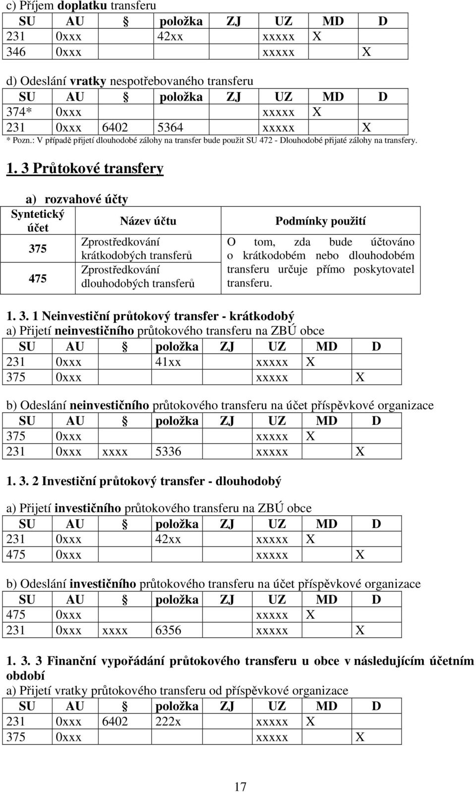 3 Průtokové transfery a) rozvahové účty Syntetický účet Název účtu 375 Zprostředkování krátkodobých transferů 475 Zprostředkování dlouhodobých transferů Podmínky použití O tom, zda bude účtováno o