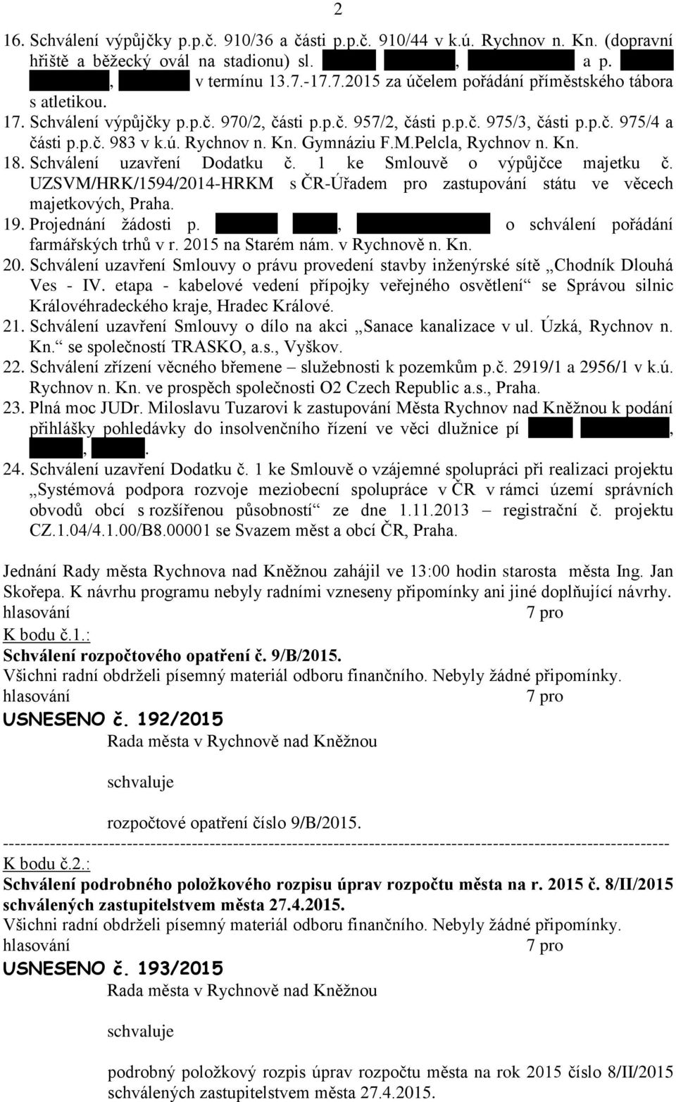 Gymnáziu F.M.Pelcl, Rychnov n. Kn. 18. Schválení uzvření Dodtku č. 1 ke Smlouvě o výpůjčce mjetku č. UZSVM/HRK/1594/2014-HRKM s ČR-Úřdem pro zstupování státu ve věcech mjetkových, Prh. 19.