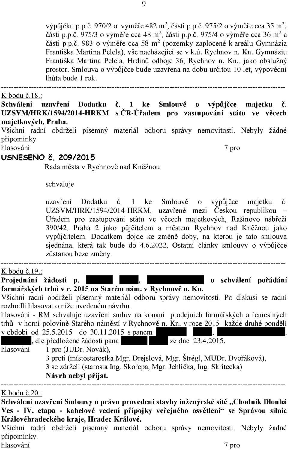 : Schválení uzvření Dodtku č. 1 ke Smlouvě o výpůjčce mjetku č. UZSVM/HRK/1594/2014-HRKM s ČR-Úřdem pro zstupování státu ve věcech mjetkových, Prh. USNESENO č. 209/2015 schvluje uzvření Dodtku č.