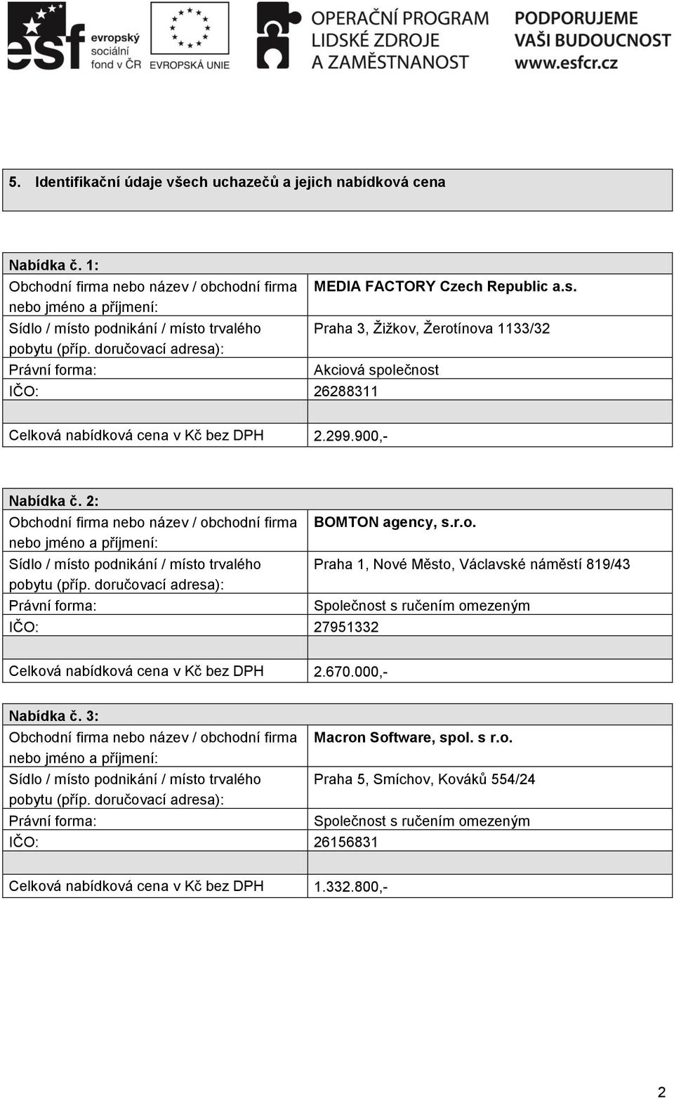 2: IČO: 27951332 BOMTON agency, s.r.o. Praha 1, Nové Město, Václavské náměstí 819/43 Celková nabídková cena v Kč bez DPH 2.670.