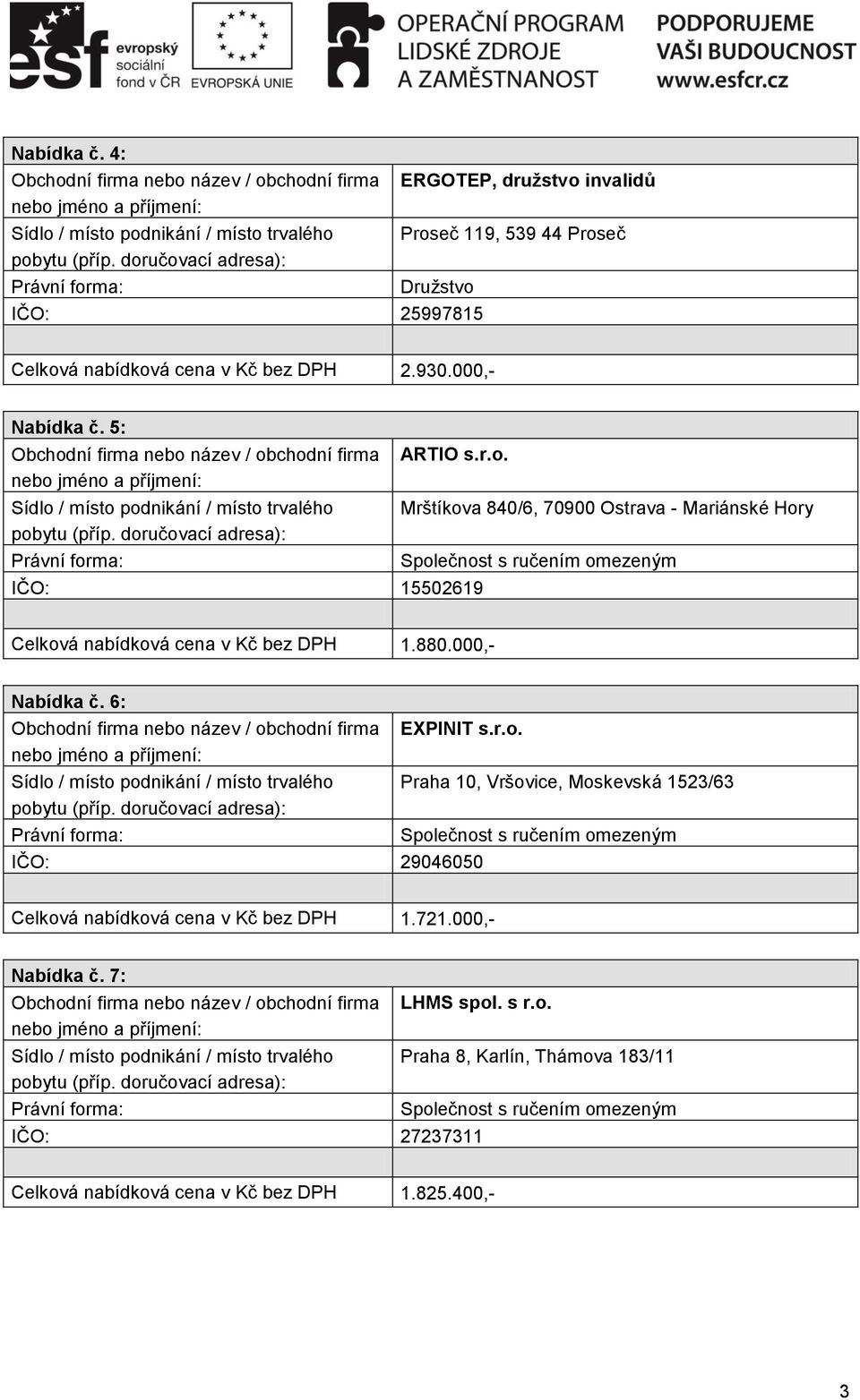 880.000,- Nabídka č. 6: EXPINIT s.r.o. IČO: 29046050 Praha 10, Vršovice, Moskevská 1523/63 Celková nabídková cena v Kč bez DPH 1.721.