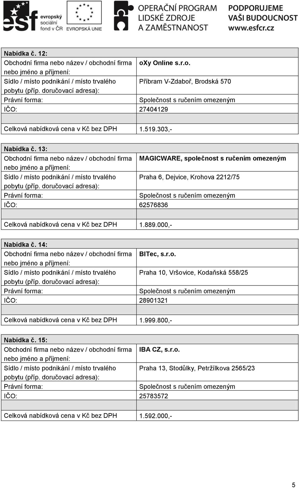 000,- Nabídka č. 14: BITec, s.r.o. IČO: 28901321 Praha 10, Vršovice, Kodaňská 558/25 Celková nabídková cena v Kč bez DPH 1.999.