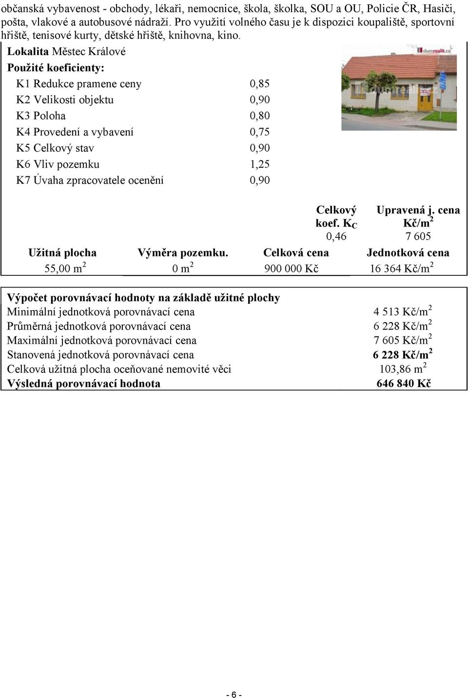 Lokalita Městec Králové Použité koeficienty: K1 Redukce pramene ceny 0,85 K2 Velikosti objektu 0,90 K3 Poloha 0,80 K4 Provedení a vybavení 0,75 K5 Celkový stav 0,90 K6 Vliv pozemku 1,25 K7 Úvaha