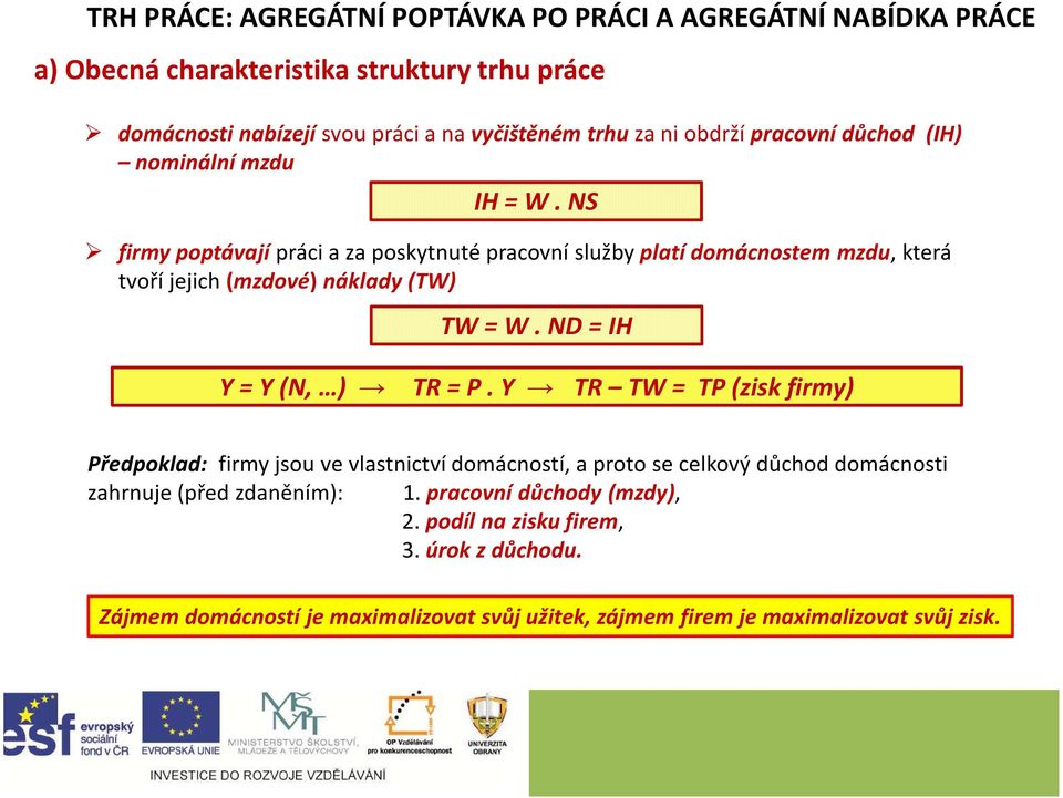 NS firmy poptávají práci a za poskytnuté pracovní služby platí domácnostem mzdu, která tvoří jejich (mzdové) náklady (TW) TW = W. ND = IH Y = Y (N, ) TR = P.