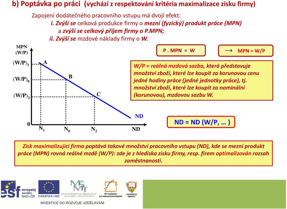 MPN = W MPN = W/P W/P= reálná mzdová sazba, která představuje množství zboží, které lze koupit za korunovou cenu jedné hodiny práce (jedné jednotky práce), tj.