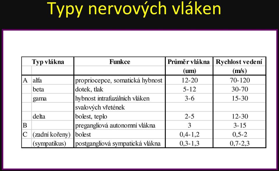 intrafuzálních vláken 3-6 15-30 svalových vřetének delta bolest, teplo 2-5 12-30 B pregangliová