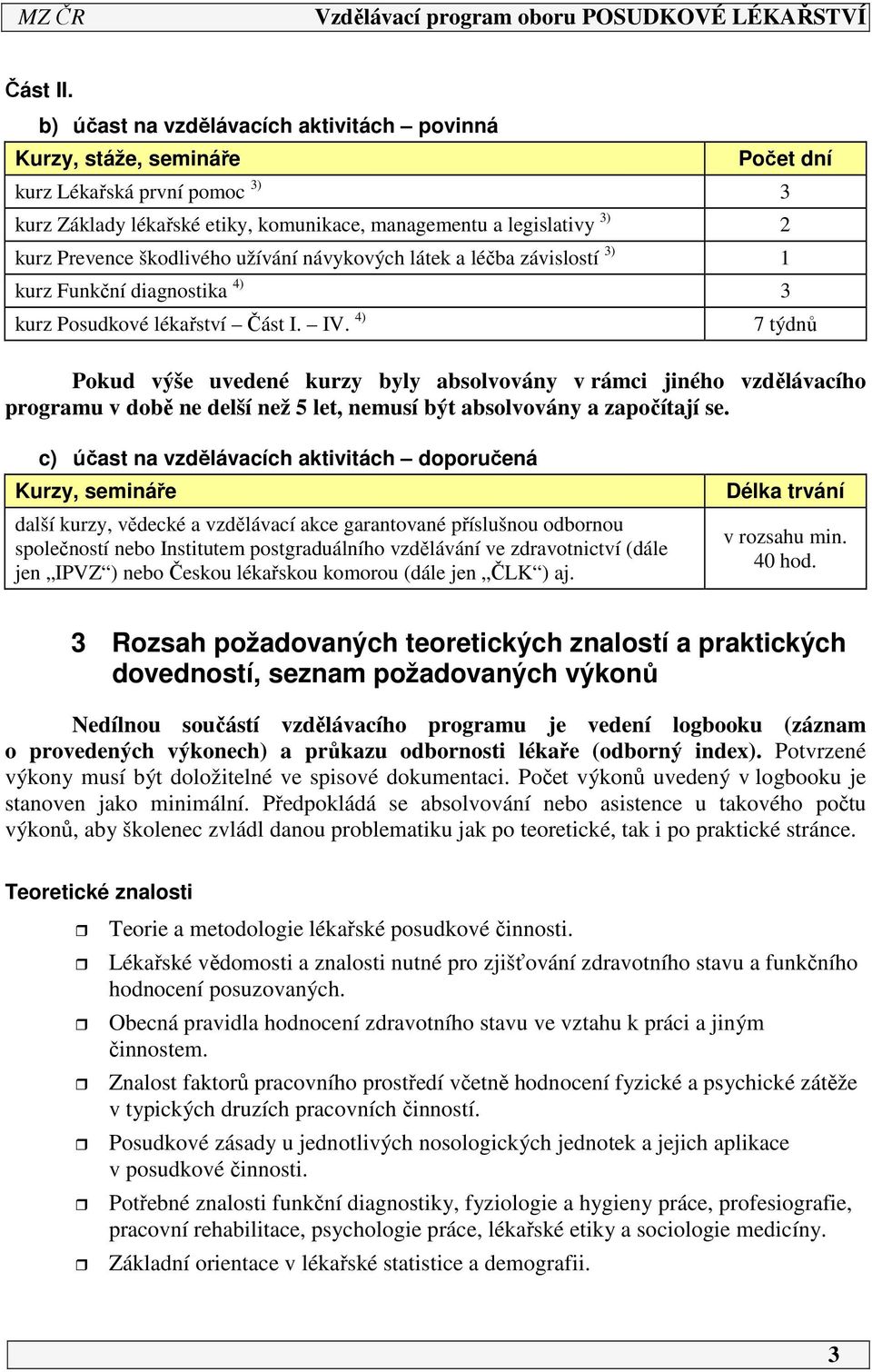 škodlivého užívání návykových látek a léčba závislostí 3) 1 kurz Funkční diagnostika 4) 3 kurz Posudkové lékařství Část I. IV.