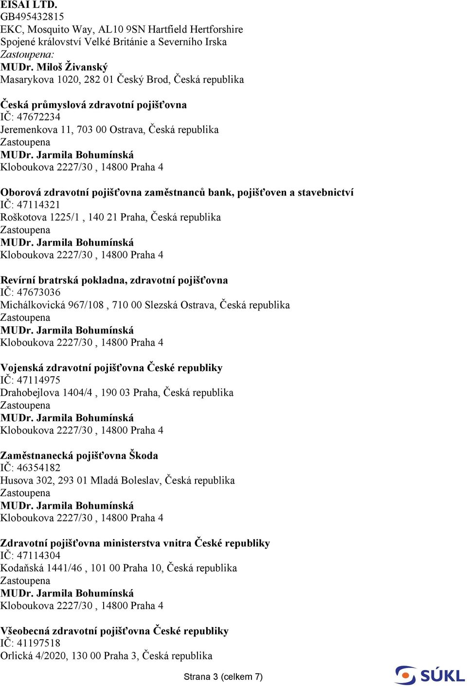 zaměstnanců bank, pojišťoven a stavebnictví IČ: 47114321 Roškotova 1225/1, 140 21 Praha, Česká republika Revírní bratrská pokladna, zdravotní pojišťovna IČ: 47673036 Michálkovická 967/108, 710 00