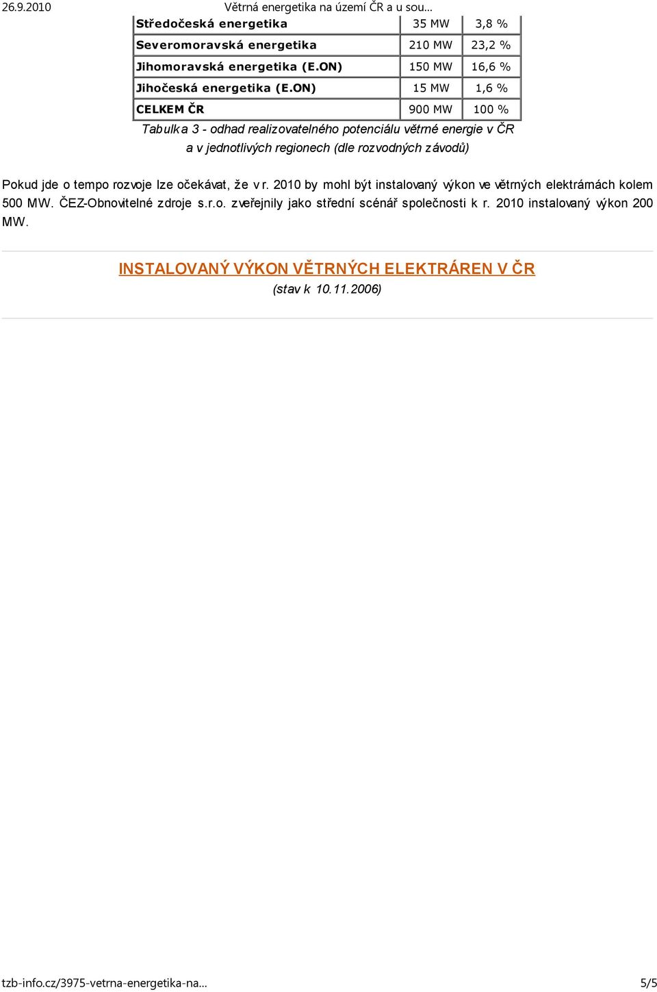 Pokud jde o tempo rozvoje lze očekávat, že v r. 2010 by mohl být instalovaný výkon ve větrných elektrárnách kolem 500 MW. ČEZ-Obnovitelné zdroje s.r.o. zveřejnily jako střední scénář společnosti k r.