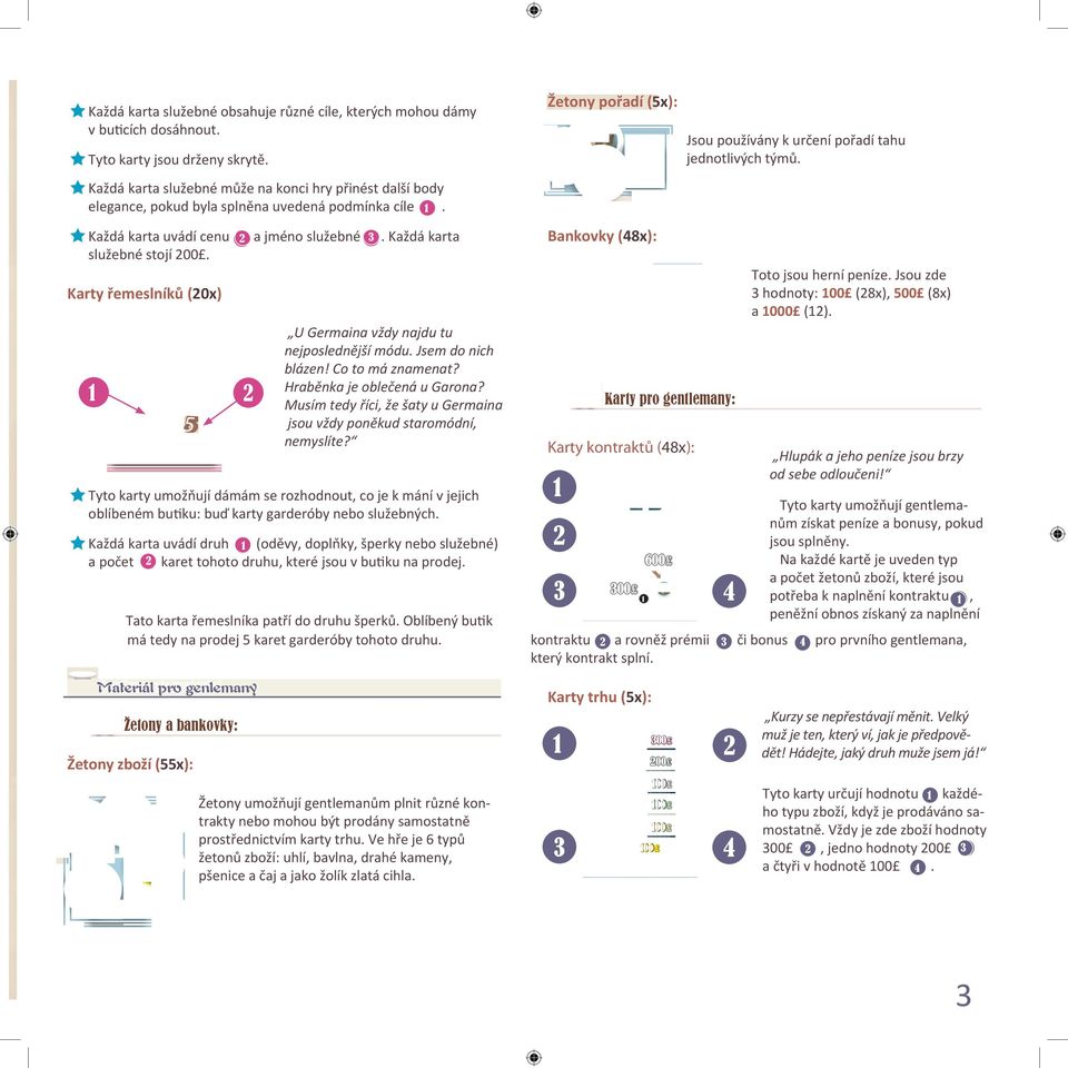 Každá karta Bankovky (8x): Toto jsou herní peníze. Jsou zde hodnoty: 00 (8x), 500 (8x) a 000 (). Karty řemeslníků (0x) 5 U Germaina vždy najdu tu nejposlednější módu. Jsem do nich blázen!