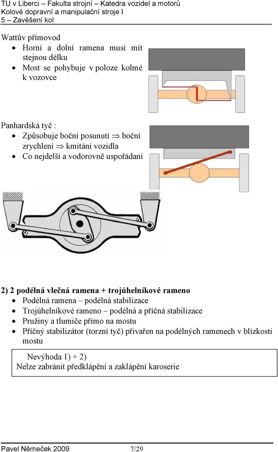 ramena podélná stabilizace Trojúhelníkové rameno podélná a příčná stabilizace Pružiny a tlumiče přímo na mostu Příčný stabilizátor