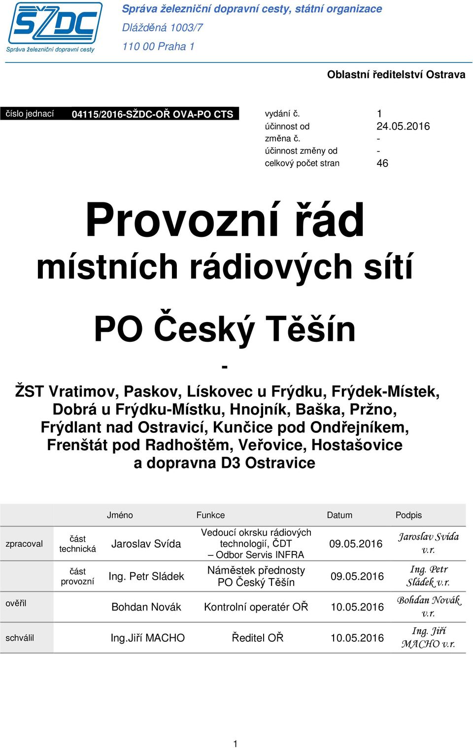 Pržno, Frýdlant nad Ostravicí, Kunčice pod Ondřejníkem, Frenštát pod Radhoštěm, Veřovice, Hostašovice a dopravna D3 Ostravice Jméno Funkce Datum Podpis zpracoval ověřil část technická část provozní