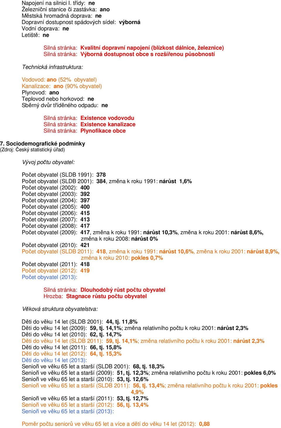 (blízkost dálnice, železnice) Silná stránka: Výborná dostupnost obce s rozšířenou působností Technická infrastruktura: Vodovod: ano (52% obyvatel) Kanalizace: ano (90% obyvatel) Plynovod: ano