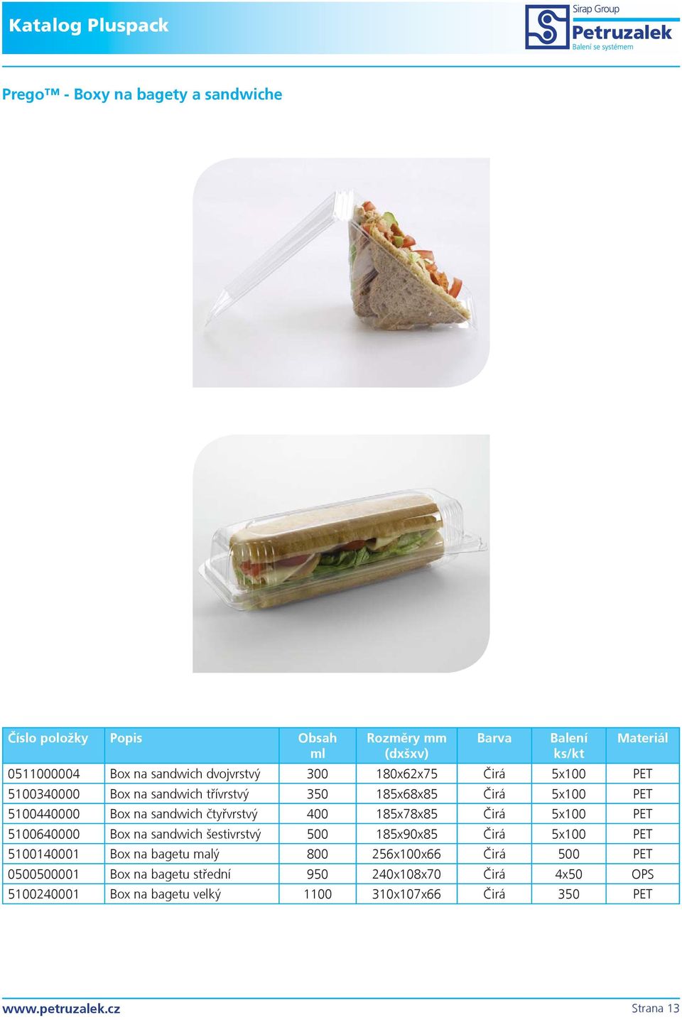 5100640000 Box na sandwich šestivrstvý 500 185x90x85 Èirá 5x100 PET 5100140001 Box na bagetu malý 800 256x100x66 Èirá 500
