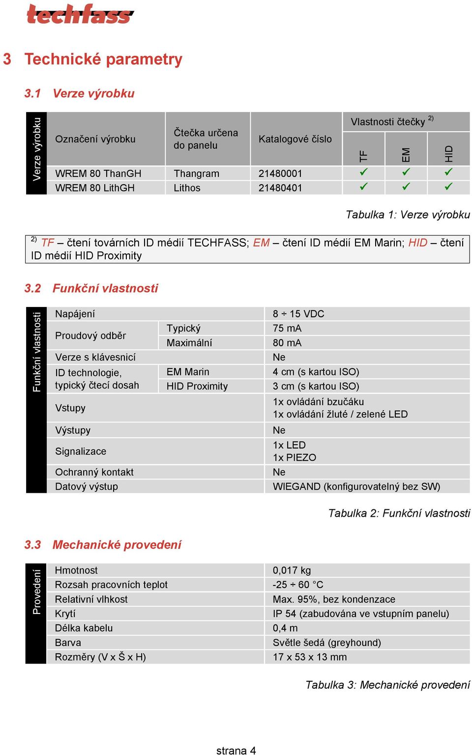 výrobku 2) TF čtení továrních ID médií TECHFASS; EM čtení ID médií EM Marin; HID čtení ID médií HID Proximity 3.