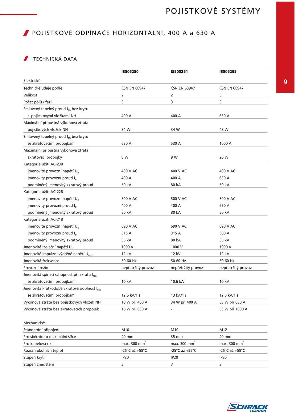 krytu se zkratovacími propojkami 630 A 530 A 1000 A Maximální přípustná výkonová ztráta zkratovací propojky 8 W 9 W 20 W Kategorie užití AC-23B jmenovité provozní napětí U e 400 V AC 400 V AC 400 V