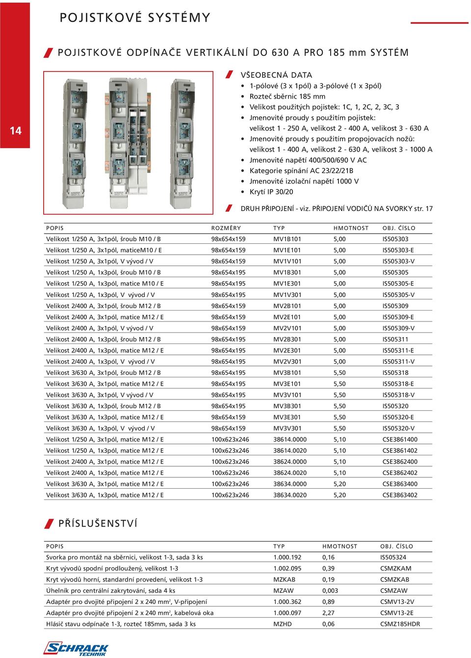 Jmenovité napětí 400/500/690 V AC Kategorie spínání AC 23/22/21B Jmenovité izolační napětí 1000 V Krytí IP 30/20 / DRUH PŘIPOJENÍ - viz. PŘIPOJENÍ VODIČŮ NA SVORKY str.