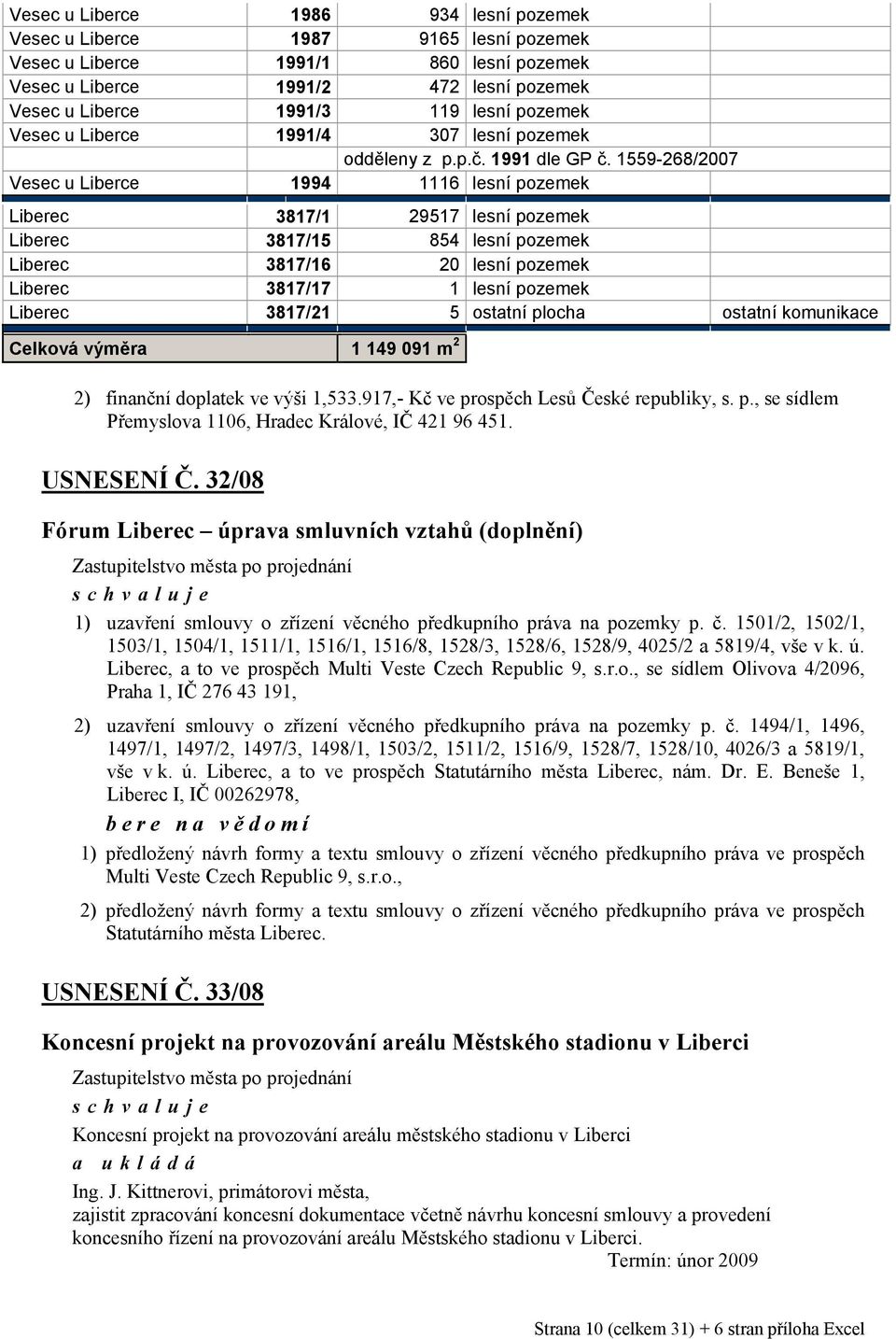 1559-268/2007 Vesec u Liberce 1994 1116 lesní pozemek 3817/1 29517 lesní pozemek 3817/15 854 lesní pozemek 3817/16 20 lesní pozemek 3817/17 1 lesní pozemek 3817/21 5 ostatní plocha ostatní komunikace