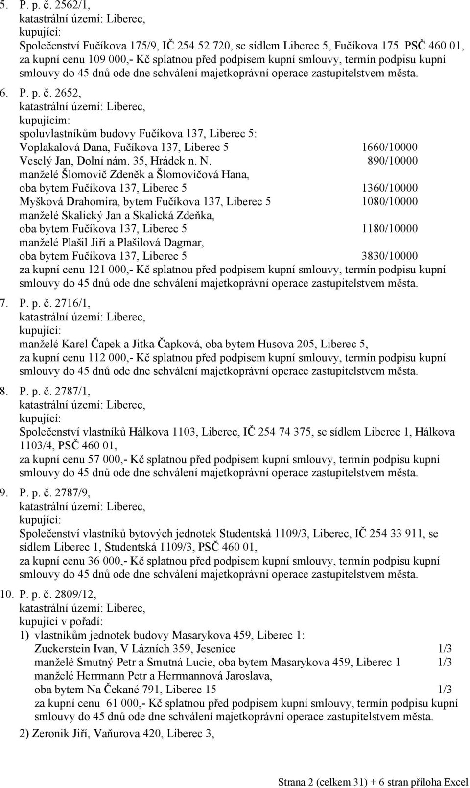 2652, katastrální území:, kupujícím: spoluvlastníkům budovy Fučíkova 137, 5: Voplakalová Dana, Fučíkova 137, 5 1660/10000 Veselý Jan, Dolní nám. 35, Hrádek n. N.