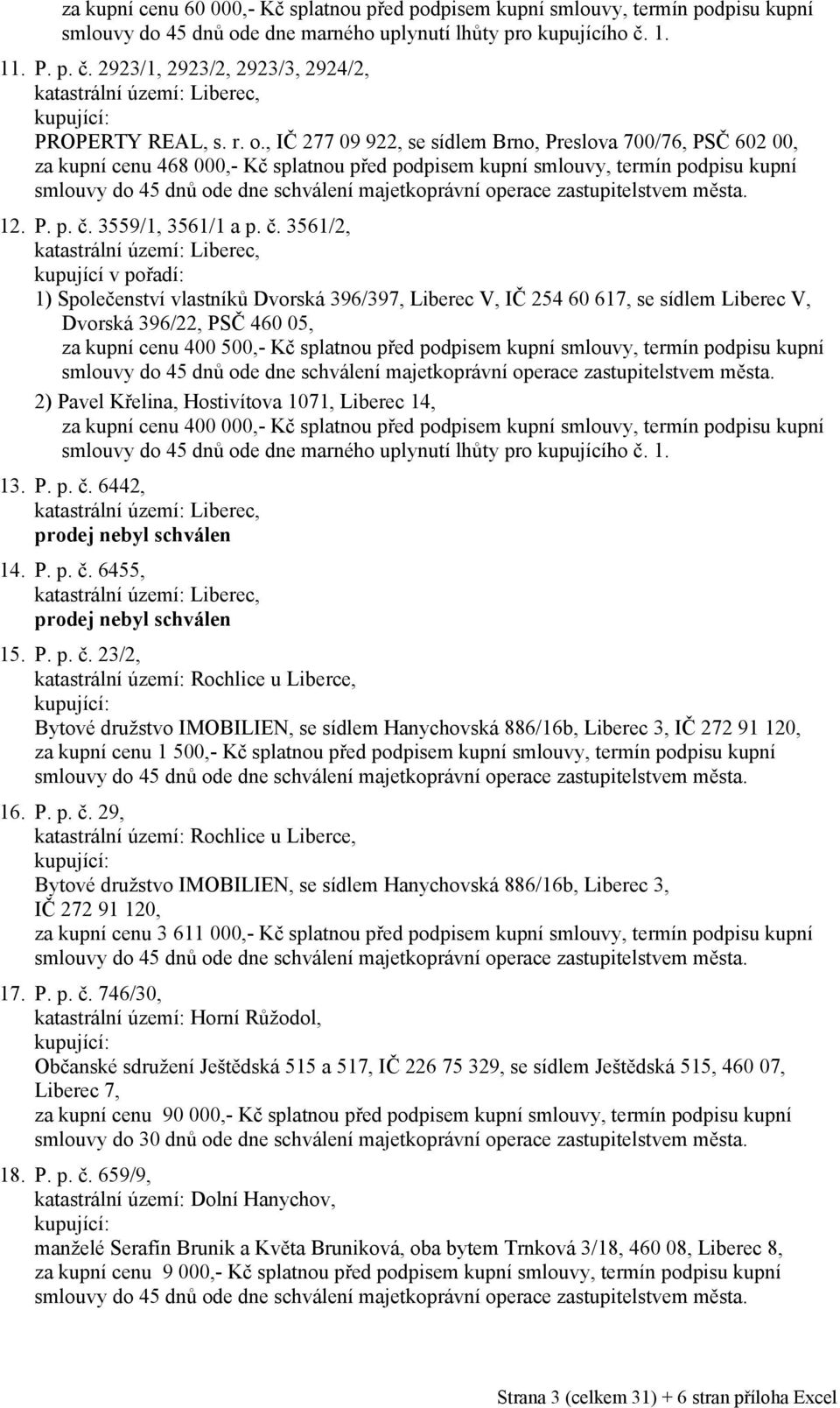 , IČ 277 09 922, se sídlem Brno, Preslova 700/76, PSČ 602 00, za kupní cenu 468 000,- Kč splatnou před podpisem kupní smlouvy, termín podpisu kupní 12. P. p. č.