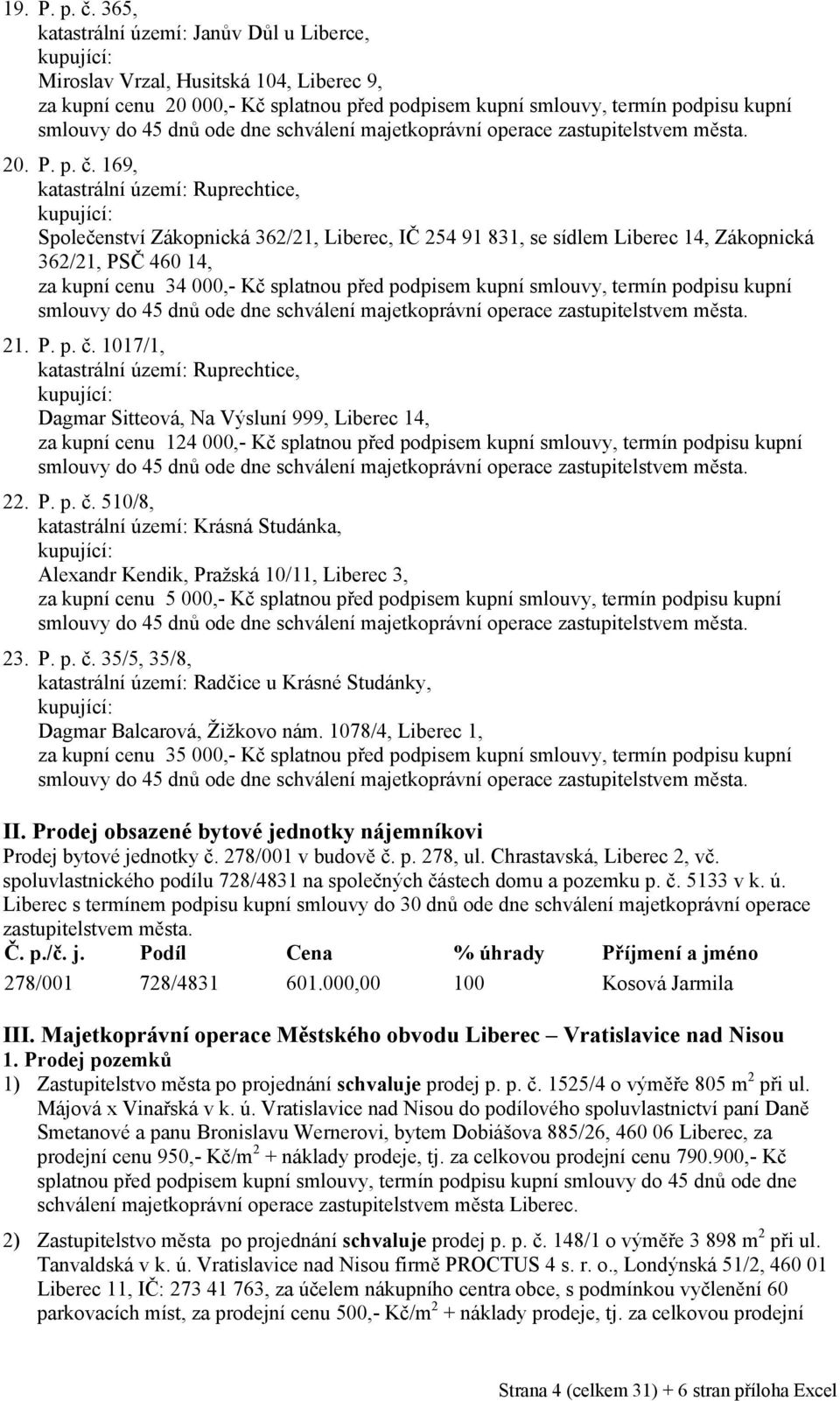 169, katastrální území: Ruprechtice, Společenství Zákopnická 362/21,, IČ 254 91 831, se sídlem 14, Zákopnická 362/21, PSČ 460 14, za kupní cenu 34 000,- Kč splatnou před podpisem kupní smlouvy,