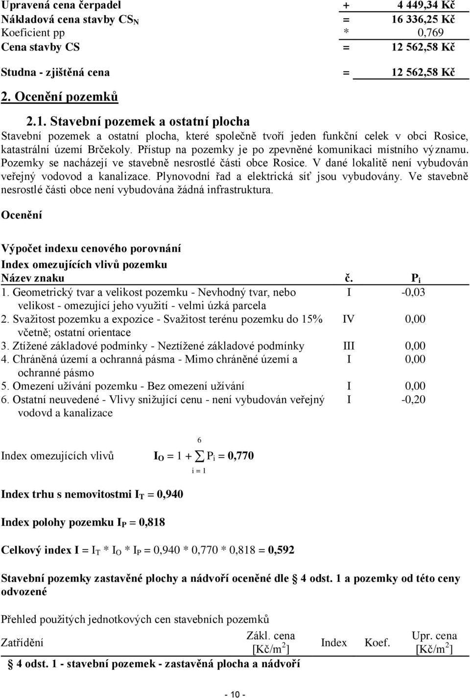 562,58 Kč Studna - zjištěná cena = 12 562,58 Kč 2. Ocenění pozemků 2.1. Stavební pozemek a ostatní plocha Stavební pozemek a ostatní plocha, které společně tvoří jeden funkční celek v obci Rosice, katastrální území Brčekoly.