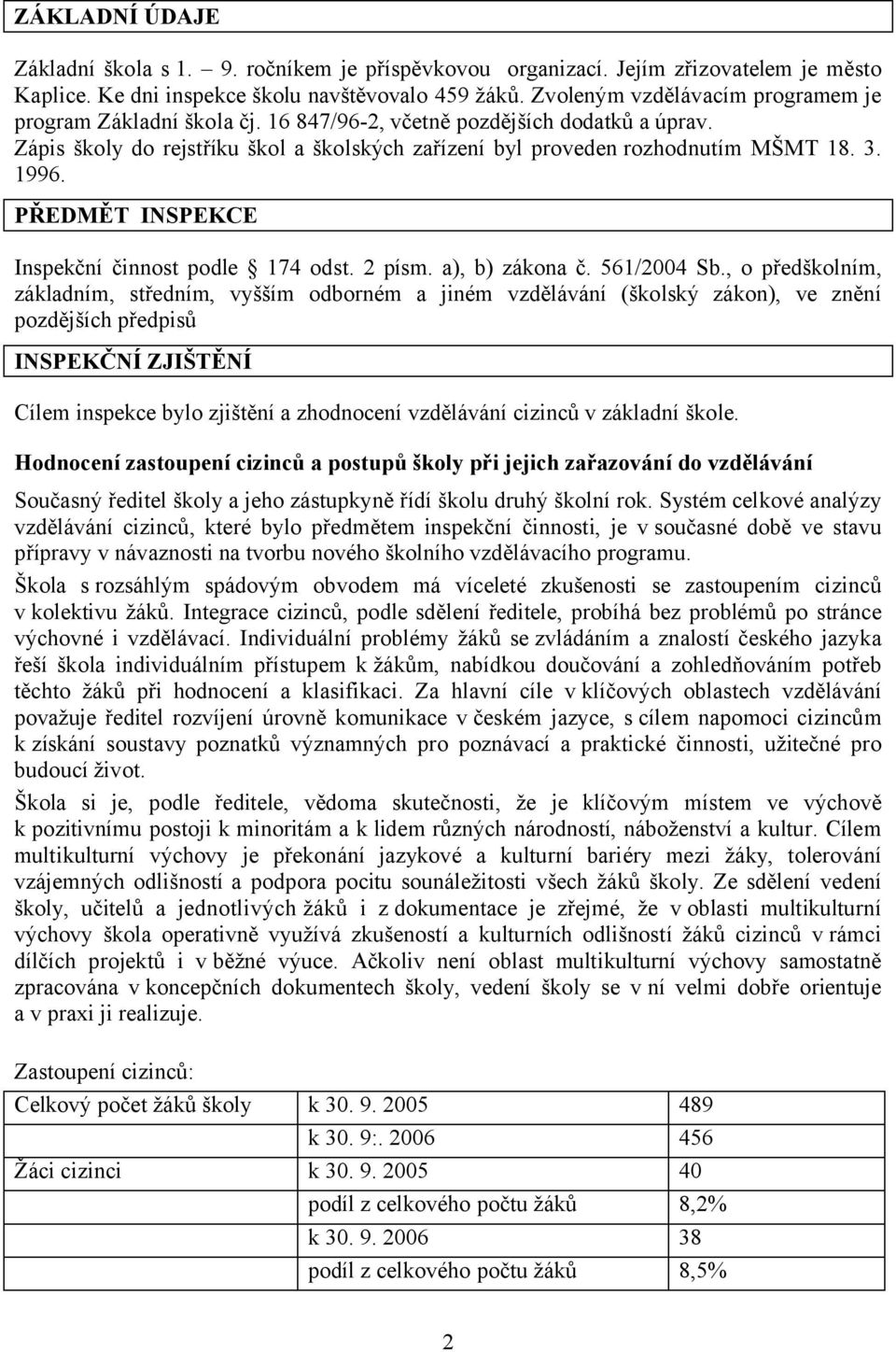 1996. PŘEDMĚT INSPEKCE Inspekční činnost podle 174 odst. 2 písm. a), b) zákona č. 561/2004 Sb.