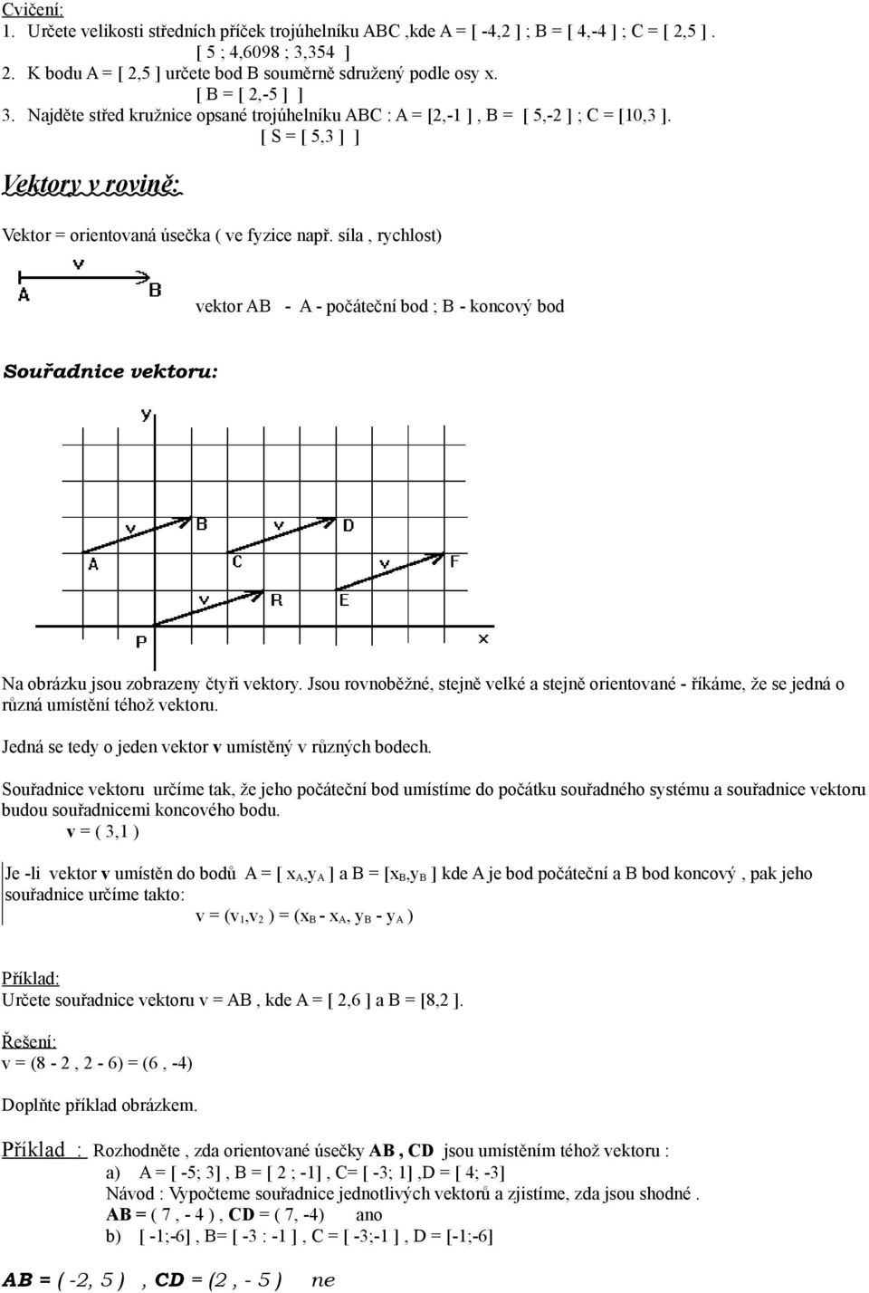 síla, rychlost) vektor AB - A - počáteční bod ; B - koncový bod Souřadnice vektoru: Na obrázku jsou zobrazeny čtyři vektory.