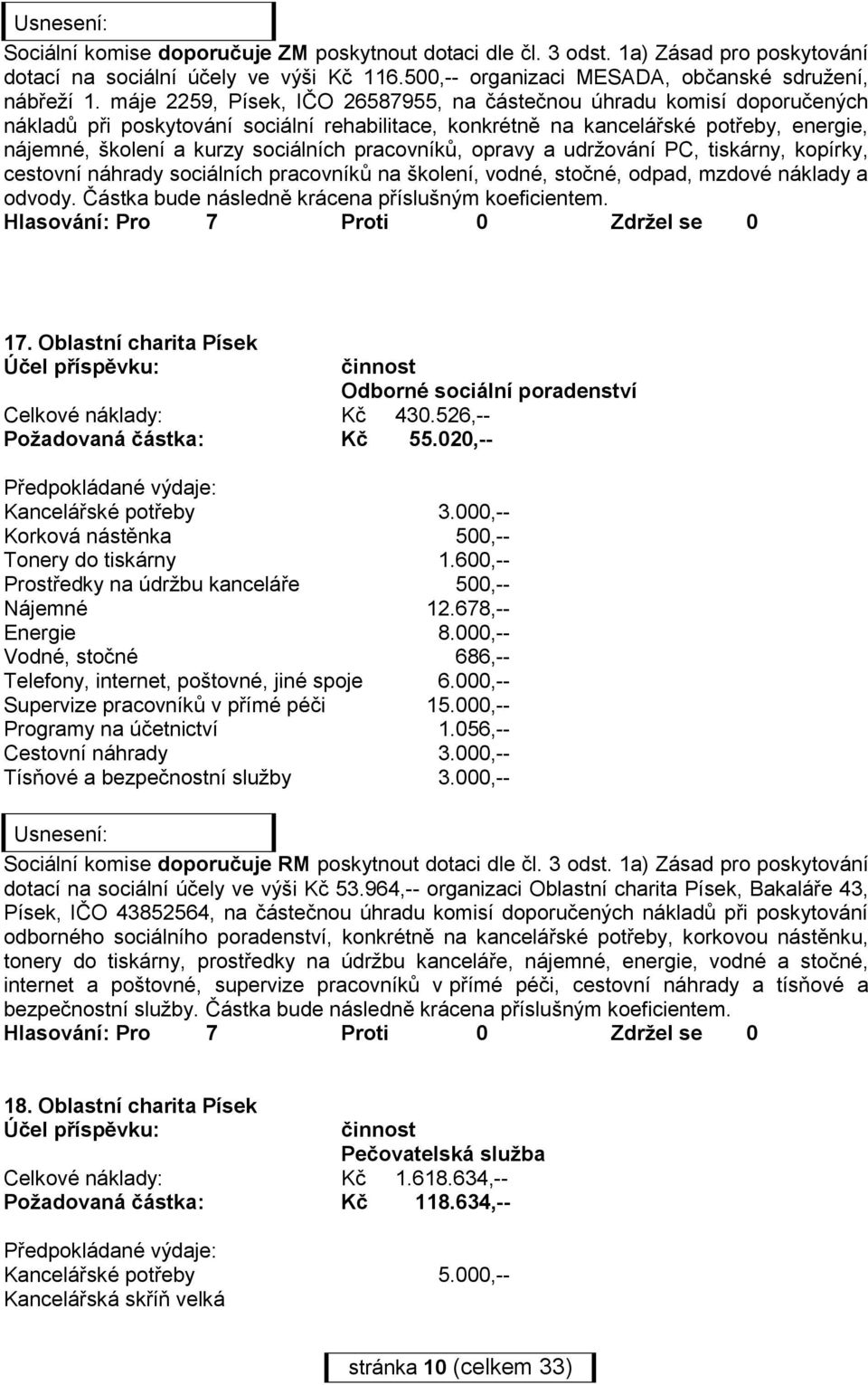 pracovníků, opravy a udržování PC, tiskárny, kopírky, cestovní náhrady sociálních pracovníků na školení, vodné, stočné, odpad, mzdové náklady a odvody. Částka bude následně krácena příslušným 17.