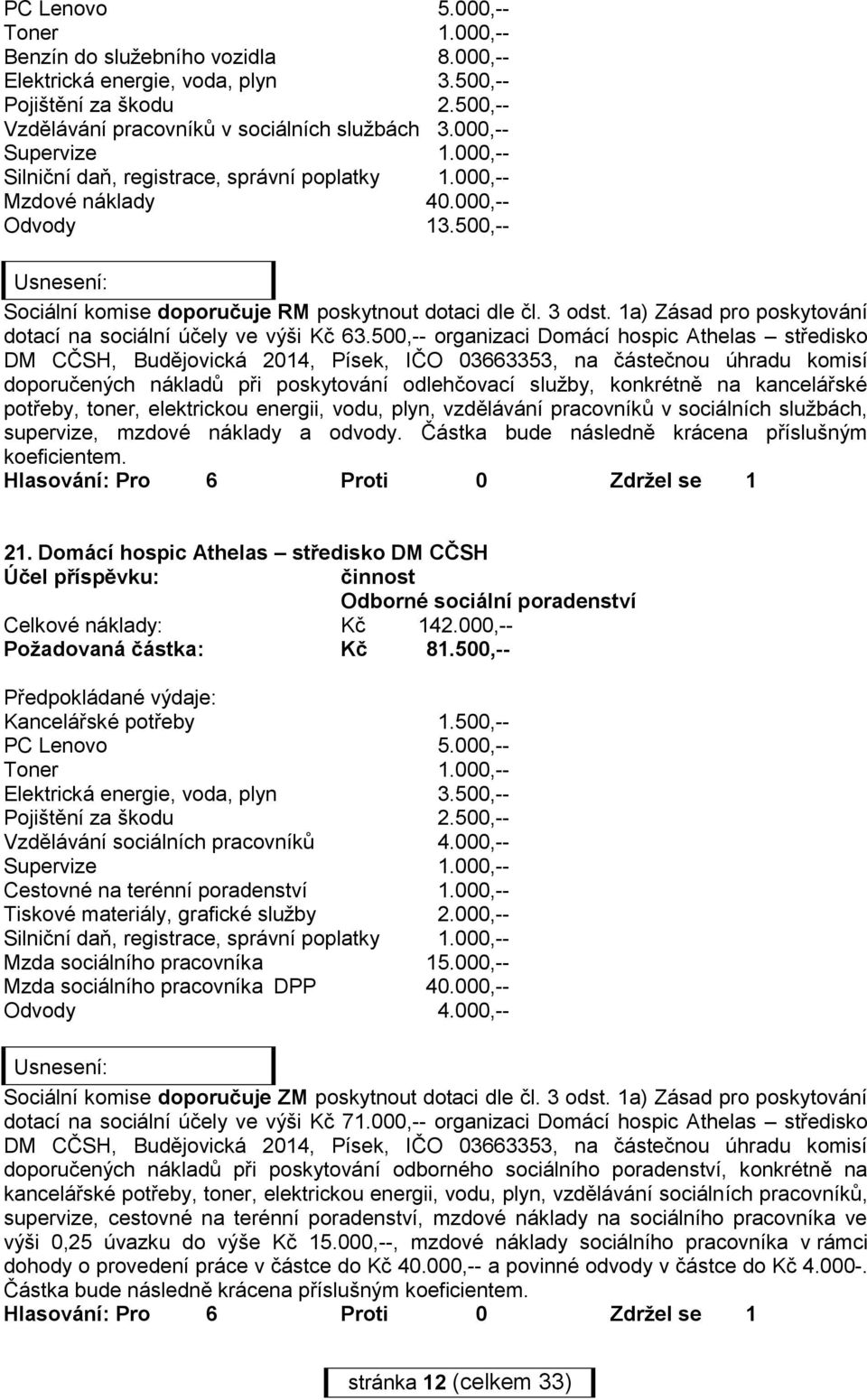 500,-- organizaci Domácí hospic Athelas středisko DM CČSH, Budějovická 2014, Písek, IČO 03663353, na částečnou úhradu komisí doporučených nákladů při poskytování odlehčovací služby, konkrétně na