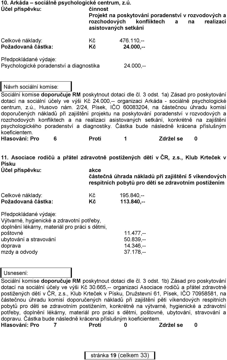 000,-- organizaci Arkáda - sociálně psychologické centrum, z.ú., Husovo nám.