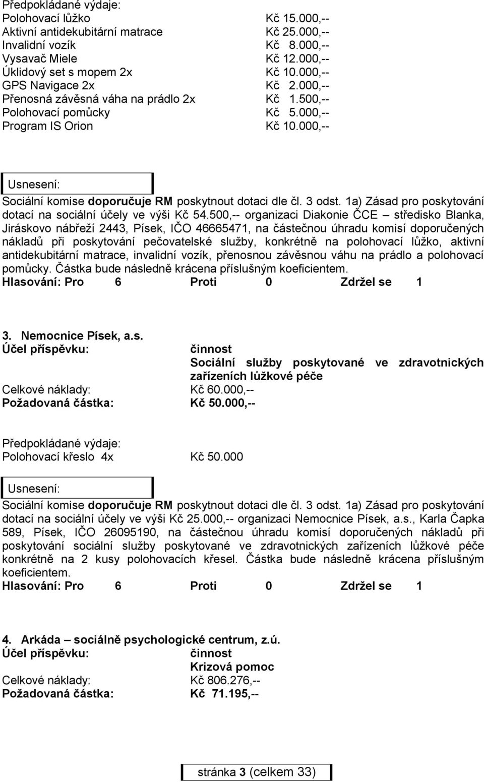 500,-- organizaci Diakonie ČCE středisko Blanka, Jiráskovo nábřeží 2443, Písek, IČO 46665471, na částečnou úhradu komisí doporučených nákladů při poskytování pečovatelské služby, konkrétně na