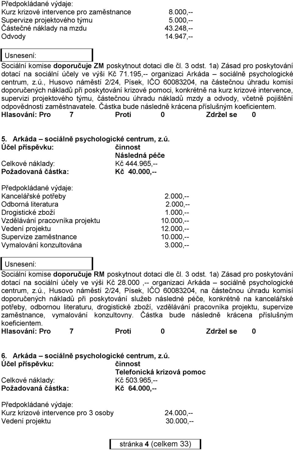 , Husovo náměstí 2/24, Písek, IČO 60083204, na částečnou úhradu komisí doporučených nákladů při poskytování krizové pomoci, konkrétně na kurz krizové intervence, supervizi projektového týmu,