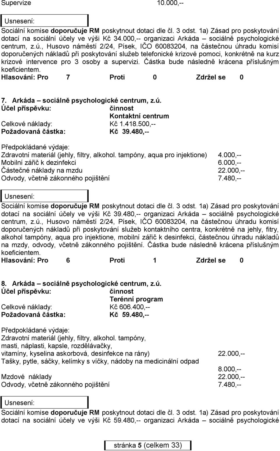 , Husovo náměstí 2/24, Písek, IČO 60083204, na částečnou úhradu komisí doporučených nákladů při poskytování služeb telefonické krizové pomoci, konkrétně na kurz krizové intervence pro 3 osoby a