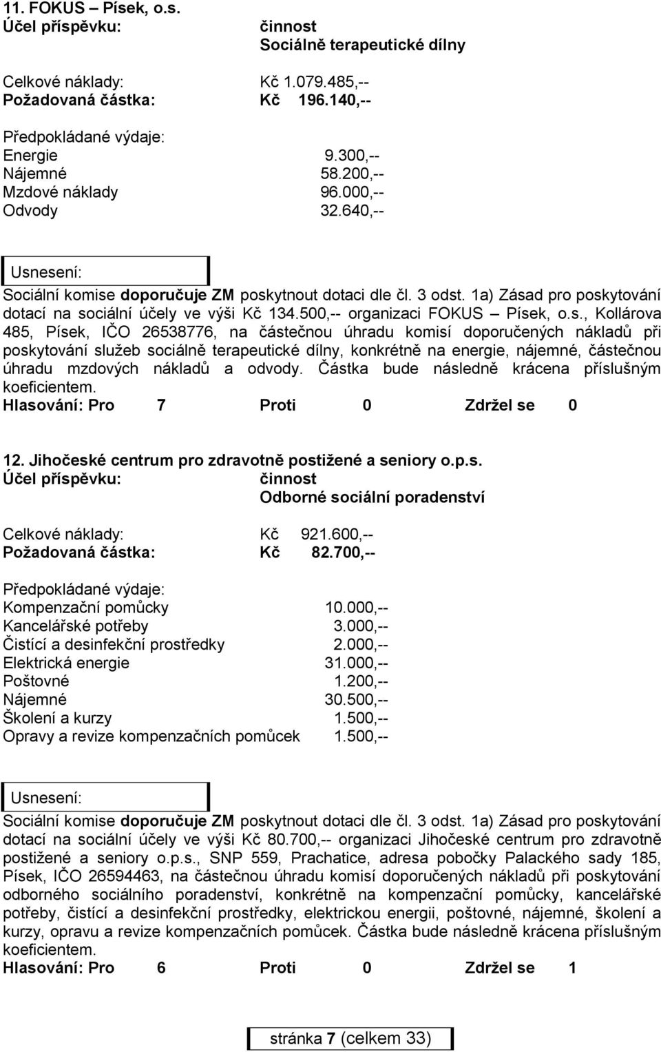 ciální účely ve výši Kč 134.500,-- organizaci FOKUS Píse