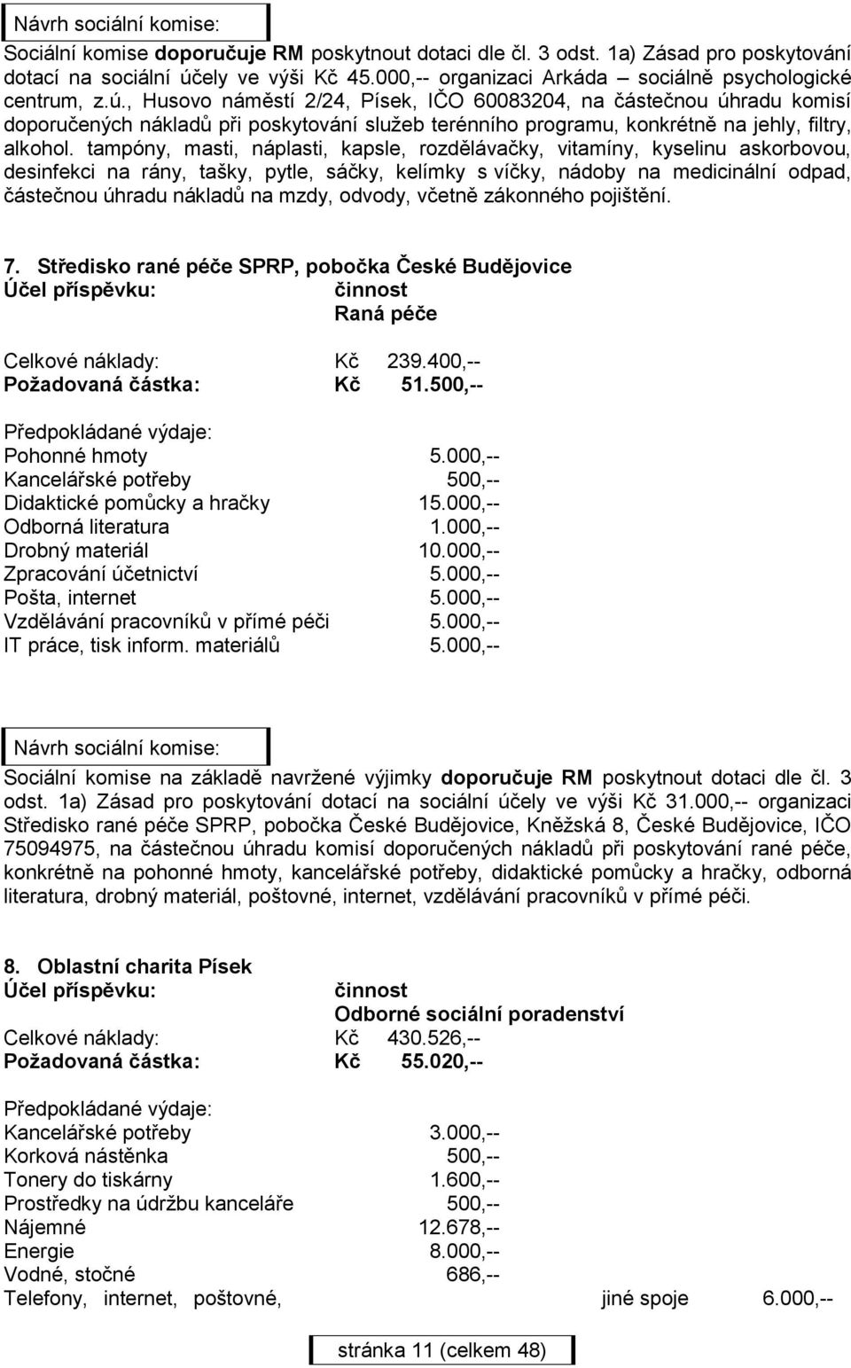 , Husovo náměstí 2/24, Písek, IČO 60083204, na částečnou úhradu komisí doporučených nákladů při poskytování služeb terénního programu, konkrétně na jehly, filtry, alkohol.