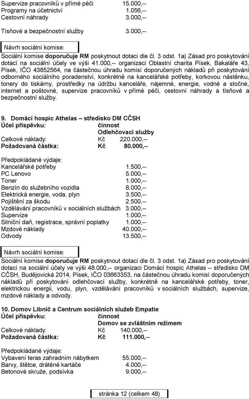 000,-- organizaci Oblastní charita Písek, Bakaláře 43, Písek, IČO 43852564, na částečnou úhradu komisí doporučených nákladů při poskytování odborného sociálního poradenství, konkrétně na kancelářské