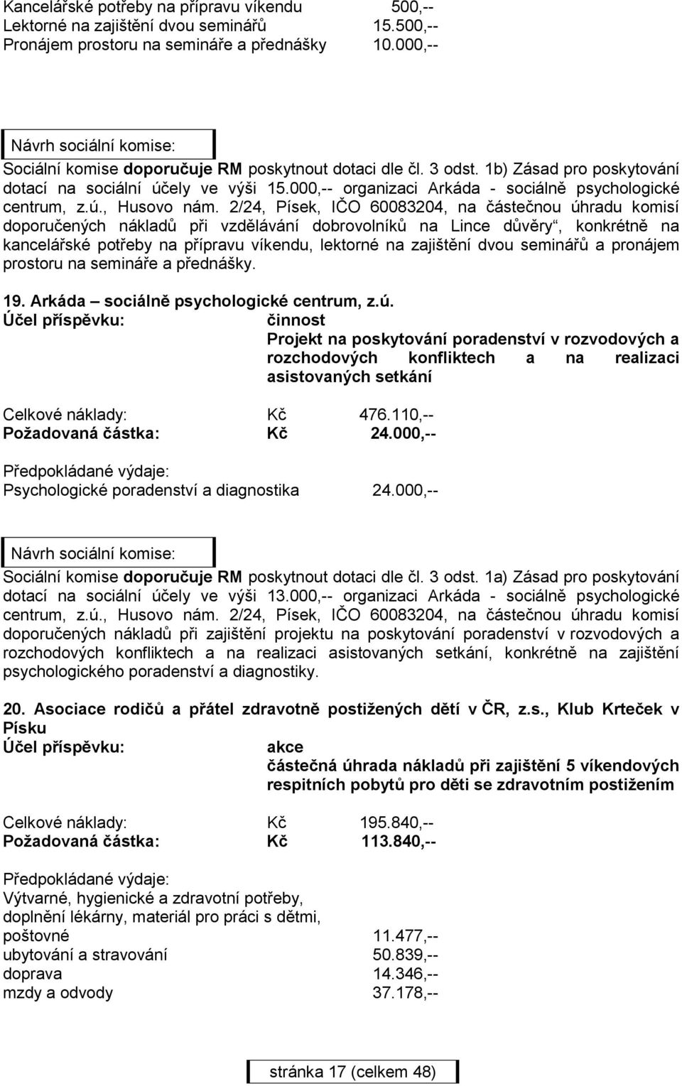 000,-- organizaci Arkáda - sociálně psychologické centrum, z.ú., Husovo nám.