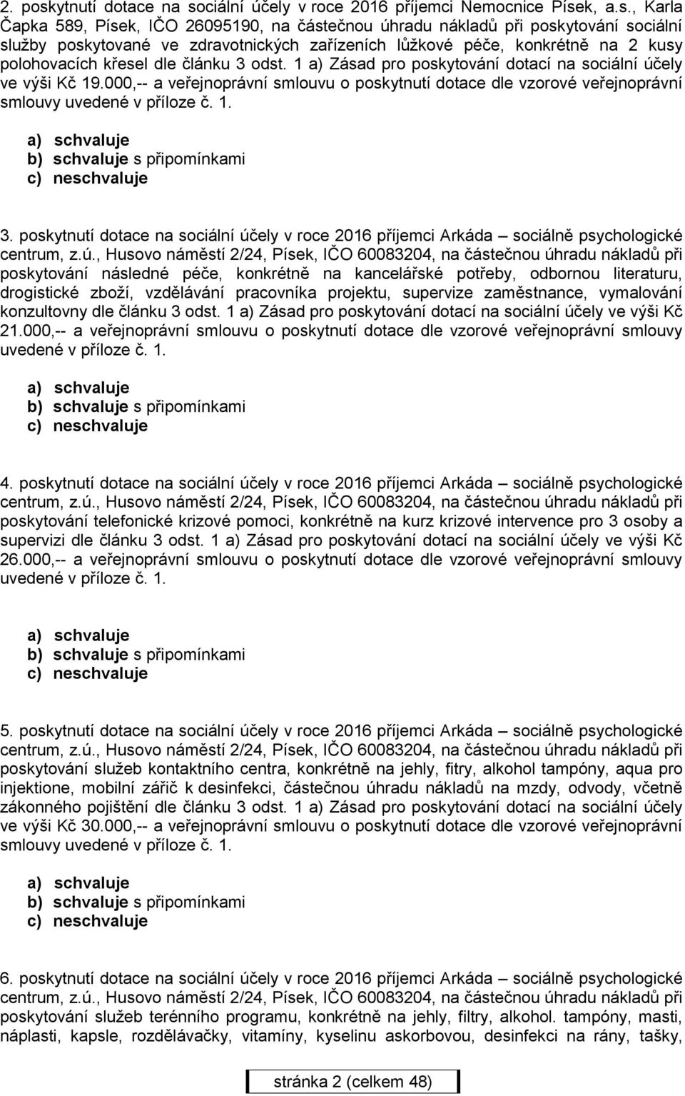 ciální účely v roce 2016 příjemci Nemocnice Píse