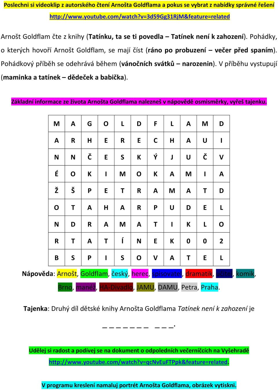 Pohádky, o kterých hovoří Arnošt Goldflam, se mají číst (ráno po probuzení večer před spaním). Pohádkový příběh se odehrává během (vánočních svátků narozenin).