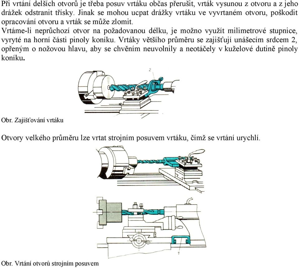 Vrtáme-li neprůchozí otvor na požadovanou délku, je možno využít milimetrové stupnice, vyryté na horní části pinoly koníku.