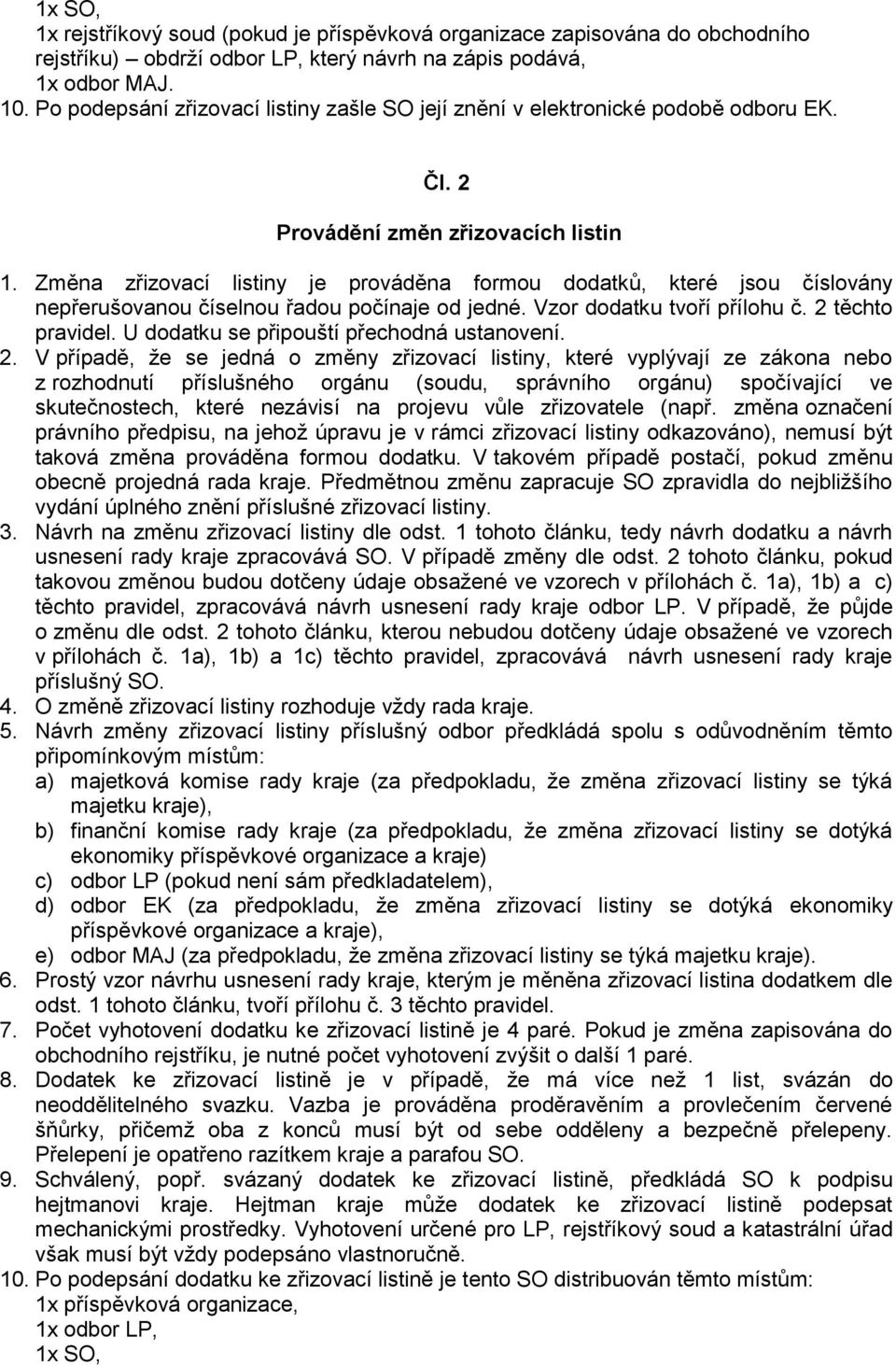 Změna zřizovací listiny je prováděna formou dodatků, které jsou číslovány nepřerušovanou číselnou řadou počínaje od jedné. Vzor dodatku tvoří přílohu č. 2 těchto pravidel.