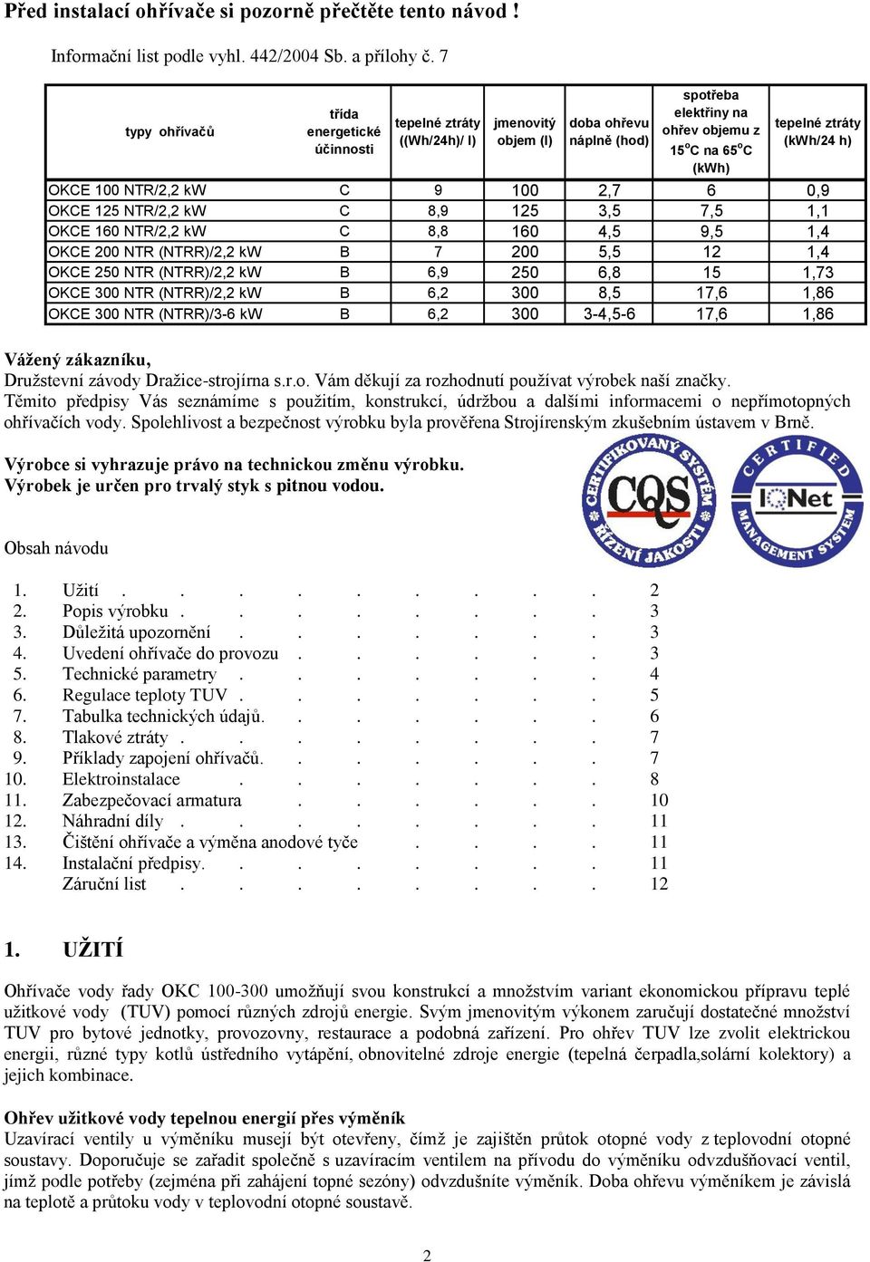 (kwh/24 h) OKCE 100 NTR/2,2 kw C 9 100 2,7 6 0,9 OKCE 125 NTR/2,2 kw C 8,9 125 3,5 7,5 1,1 OKCE 160 NTR/2,2 kw C 8,8 160 4,5 9,5 1,4 OKCE 200 NTR (NTRR)/2,2 kw B 7 200 5,5 12 1,4 OKCE 250 NTR