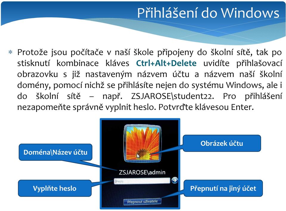 pomocí nichž se přihlásíte nejen do systému Windows, ale i do školní sítě např. ZSJAROSE\student22.