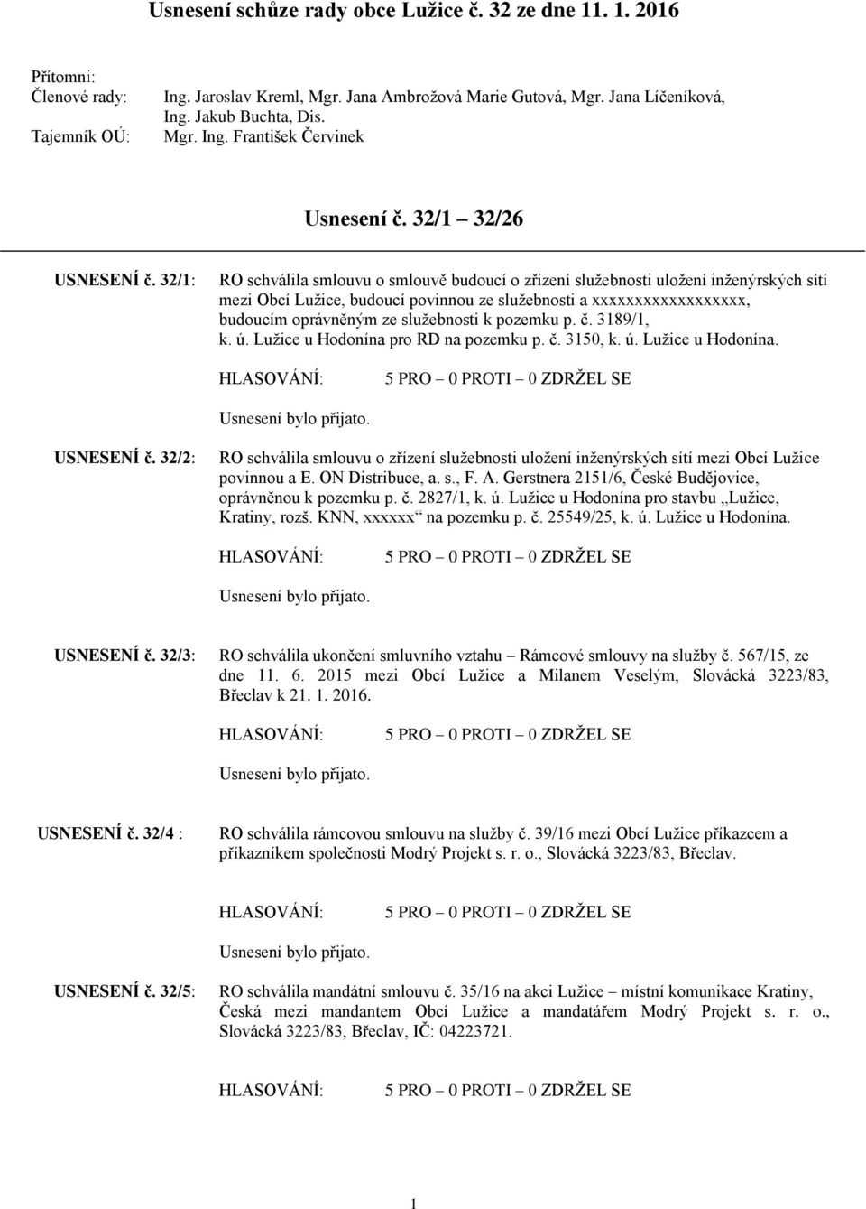 32/1: RO schválila smlouvu o smlouvě budoucí o zřízení služebnosti uložení inženýrských sítí mezi Obcí Lužice, budoucí povinnou ze služebnosti a xxxxxxxxxxxxxxxxxx, budoucím oprávněným ze služebnosti