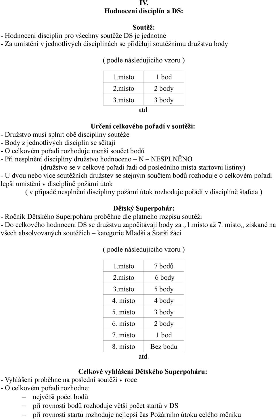 1 bod 2 body 3 body Určení celkového pořadí v soutěži: - Družstvo musí splnit obě disciplíny soutěže - Body z jednotlivých disciplín se sčítají - O celkovém pořadí rozhoduje menší součet bodů - Při